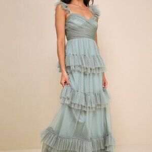 Lulus Pure Radiance Sage Brush Mesh Swiss Dot Tiered Maxi Dress Green - Size S